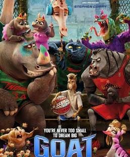 The image showcases a colorful animated movie poster featuring anthropomorphic animals playing basketball. The tagline encourages dreaming big.