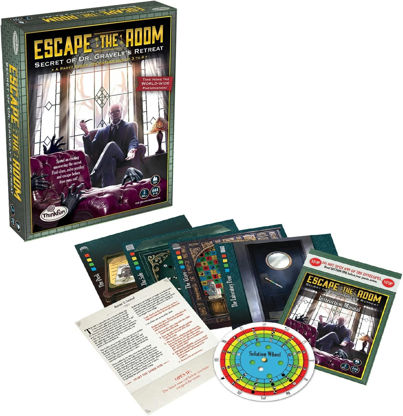 Escape room game box, "Secret of Dr. Gravely's Retreat," with game components including cards, instructions, and a solution wheel.