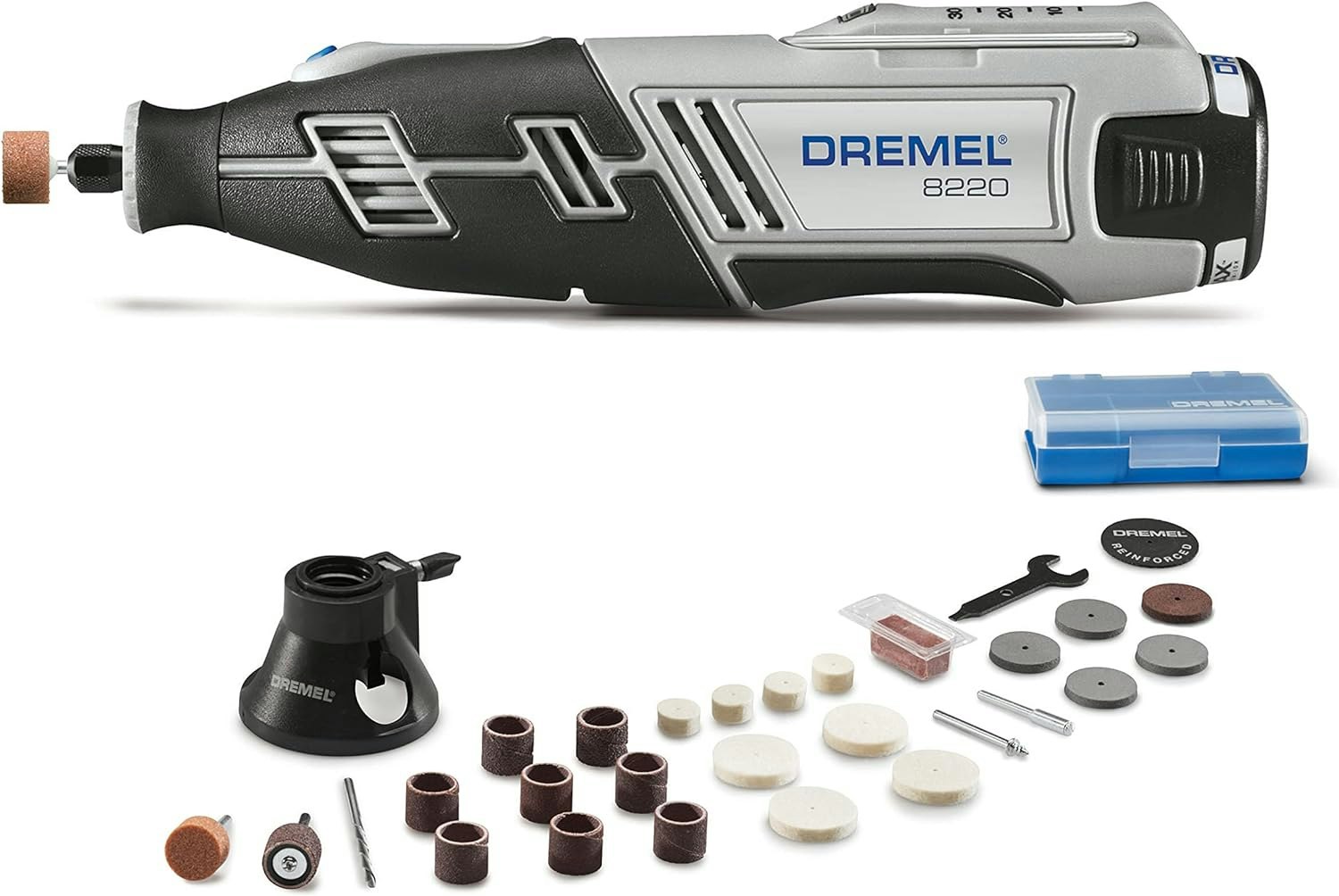 A Dremel 8220 rotary tool with various attachments, sanding discs, polishing pads, and a storage case.