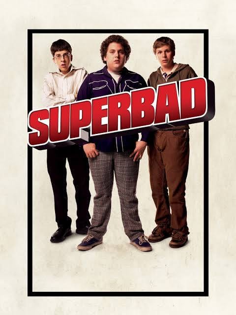 A movie poster for "Superbad," featuring three teen characters posing against a cream backdrop.