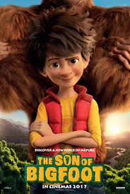 The image is a poster for the animated movie "The Son of Bigfoot," featuring a young boy with a playful expression.