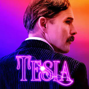 The image features a stylized representation of a man in a suit facing away, with the word "TESLA" in vibrant neon letters.