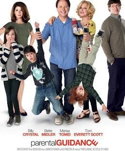 The image features the cast of "Parental Guidance," including Billy Crystal, Bette Midler, and Marisa Tomei, surrounded by kids.