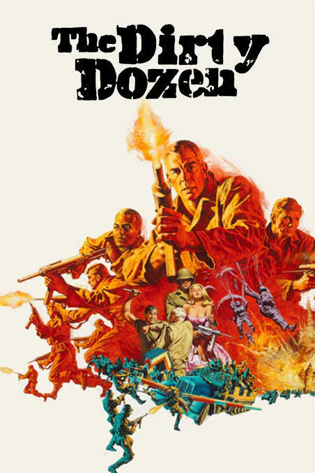 The image features a stylized poster for "The Dirty Dozen," showcasing a group of soldiers in action with guns and explosions.