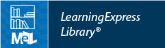 Logo of "LearningExpress Library" with an icon of books and "MeL" on a blue background.