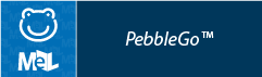 A logo featuring a stylized bear face, "MeL," and "PebbleGo™."