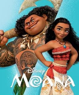 The image features characters from Disney's "Moana," showcasing Moana and Maui in a colorful, animated style.