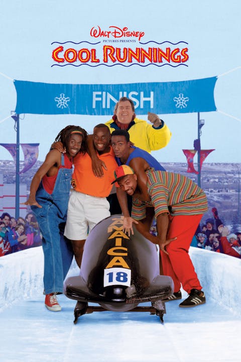 The image is a poster for "Cool Runnings," featuring a Jamaican bobsled team celebrating at the finish line.
