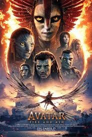 Movie poster for "Avatar: Fire and Ash," featuring characters and a fiery background, with a release date in December.
