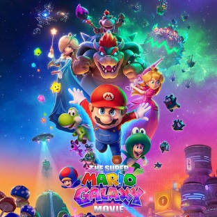 The image features characters from the Super Mario universe, including Mario, Luigi, Princesses, Bowser, and colorful galaxies.