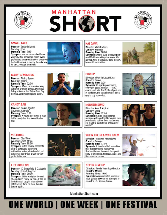 The image features a list of short films for the Manhattan Short film festival, including titles, directors, countries, run times, and synopses.