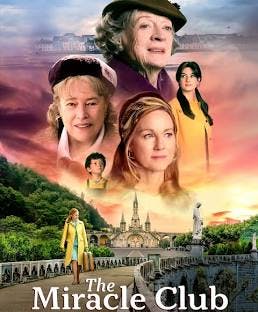 The image features characters from "The Miracle Club," set against a scenic background, highlighting themes of friendship and spiritual journeys.