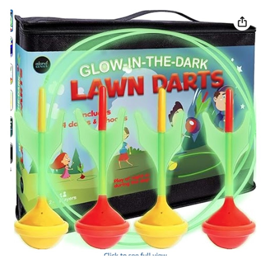 Glow-in-the-dark lawn darts set with four colorful darts and hoops, shown in a portable case. Suitable for night play.