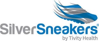 SilverSneakers logo by Tivity Health, featuring a stylized blue sneaker graphic.