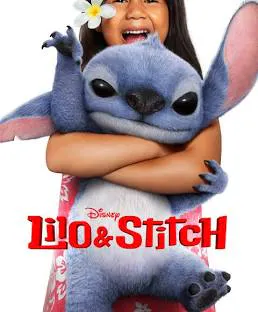 A girl joyfully holds a blue alien creature, Stitch, from Disney's "Lilo & Stitch," featuring vibrant colors and playful vibes.