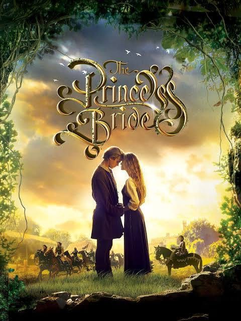 The image features a romantic scene from "The Princess Bride," highlighting a couple about to kiss with a beautiful landscape backdrop.