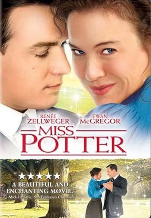 The image is a movie poster for "Miss Potter," featuring Renée Zellweger and Ewan McGregor, highlighting romance and creativity.