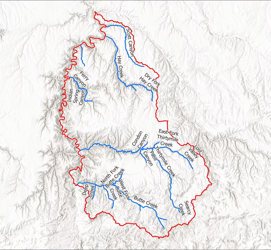 A topographic map showing a network of creeks and canyons enclosed by a red boundary line.