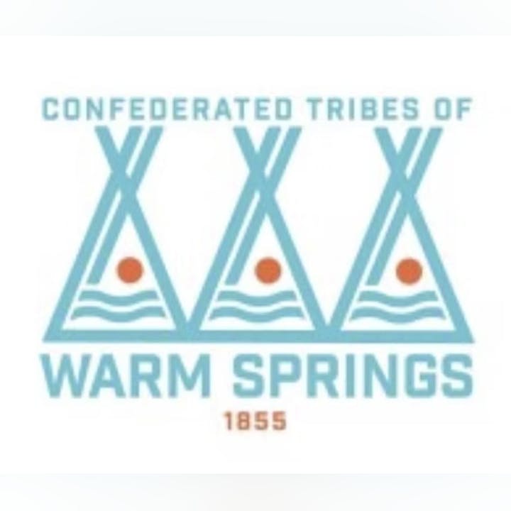 Logo with three teepees, text "CONFEDERATED TRIBES OF WARM SPRINGS 1855."