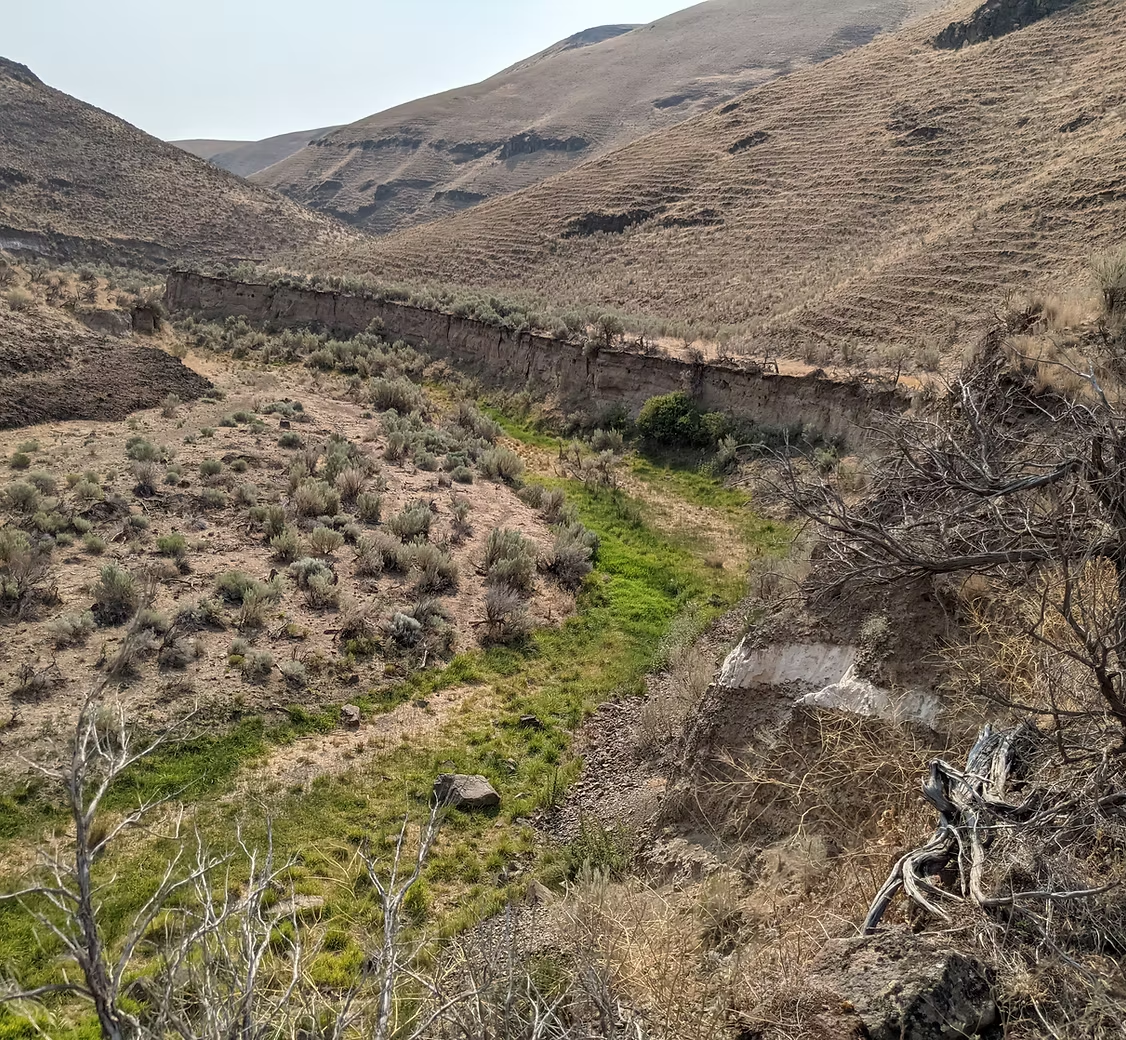 A dry, rocky landscape with hills and sparse vegetation, featuring a narrow green strip along the valley floor.