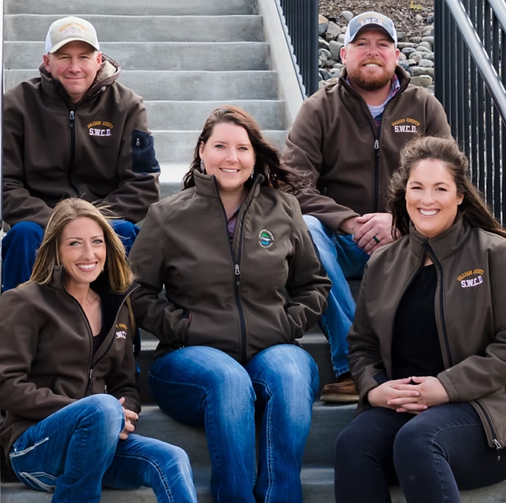 Five people sitting on outdoor steps, all wearing matching brown jackets.