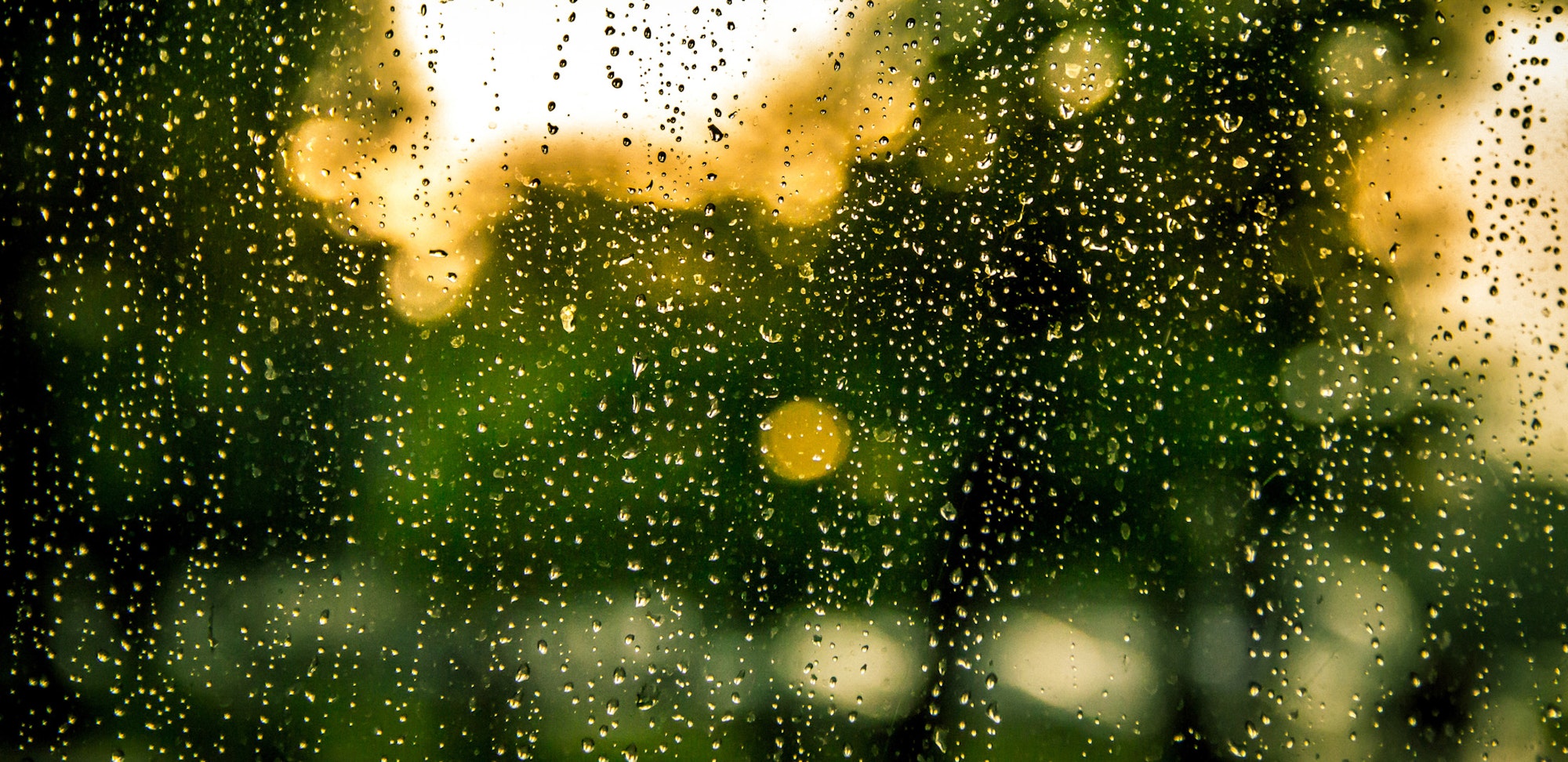 Raindrops on a window with a blurry green and yellow background.