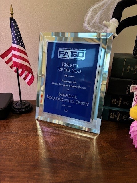 Award plaque for "District of the Year" by Florida Association of Special Districts to Indian River Mosquito Control District, 2023.