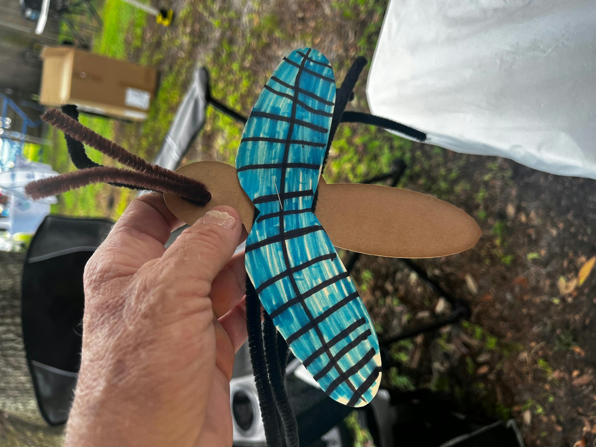 Hand holding a dragonfly craft with blue striped wings and pipe cleaner body. Outdoor setting.