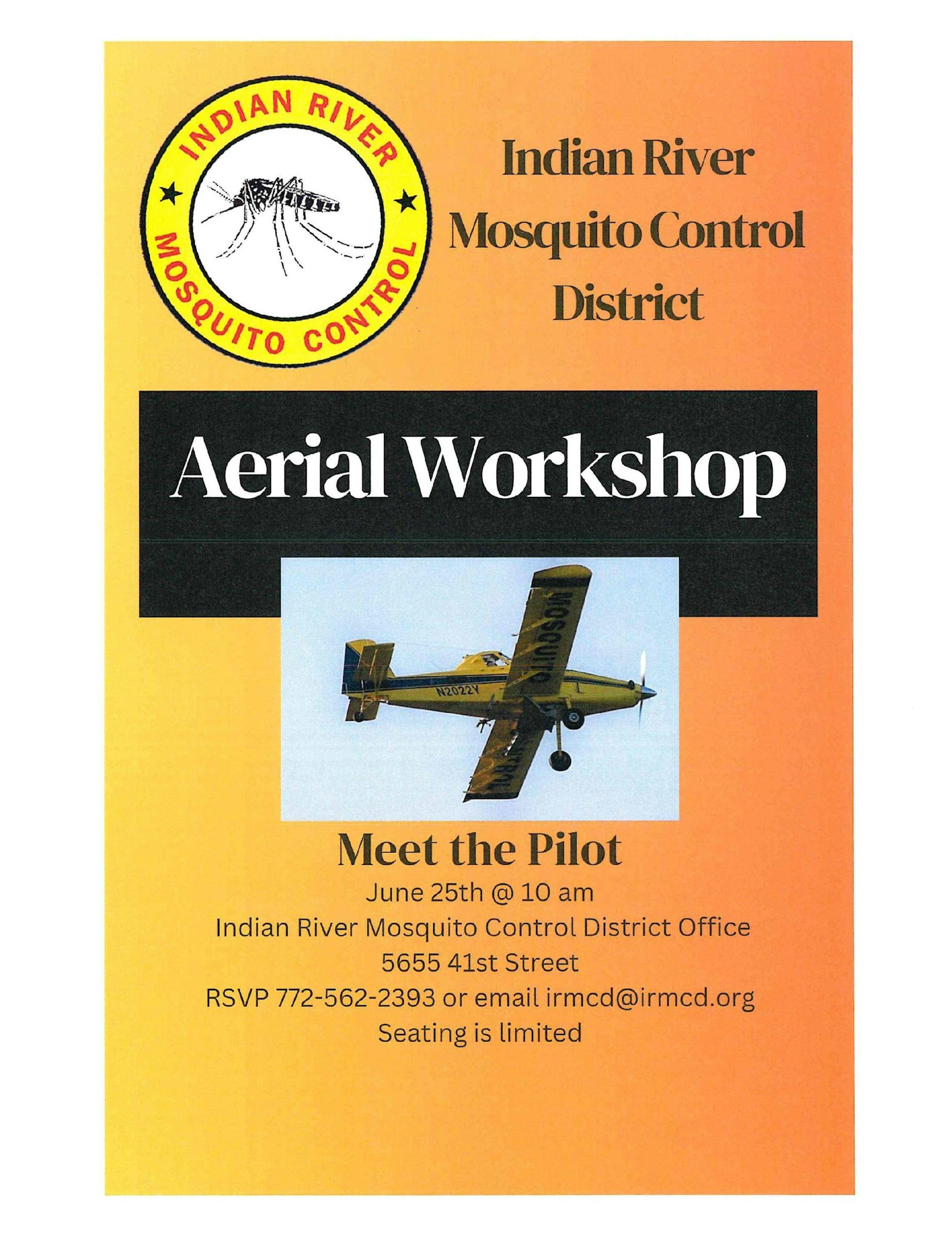 A flyer for an Aerial Workshop with "Meet the Pilot" event details and an image of a yellow plane.