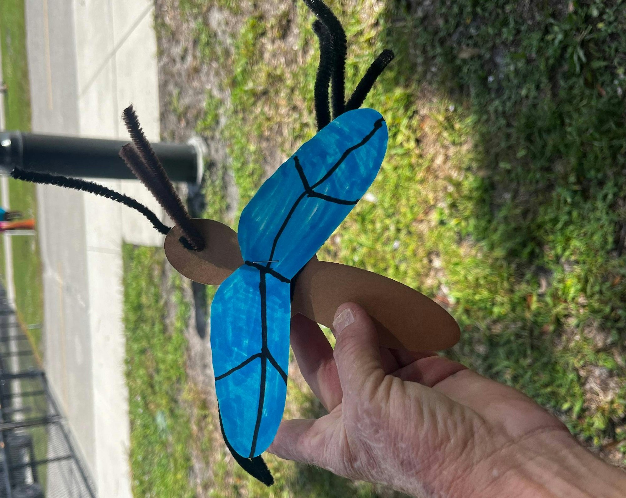 A hand holding a blue paper butterfly craft with pipe cleaner antennae.
