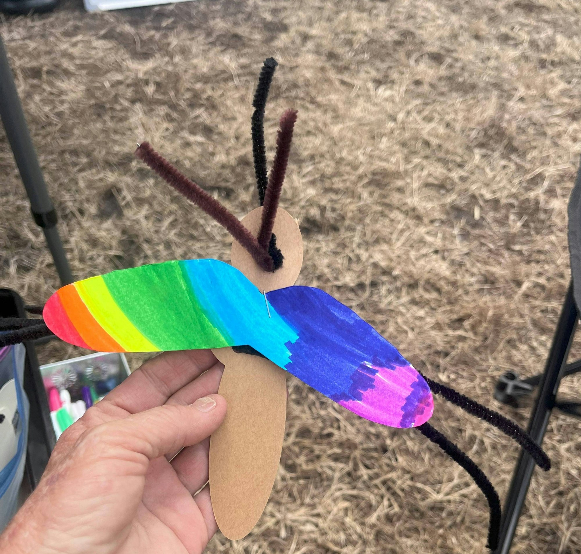 A hand holding a colorful cardboard butterfly craft with pipe cleaner antennae.