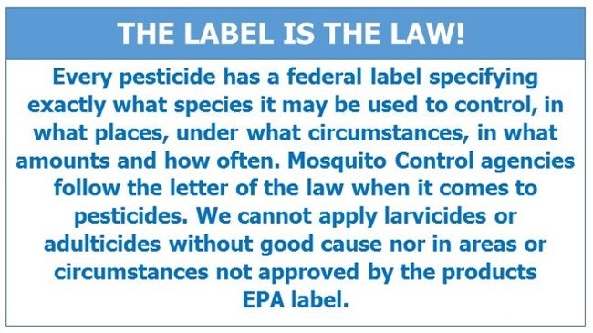 A text image emphasizes that pesticide labels are legally binding, specifying usage, species control, application rates, and approved circumstances.