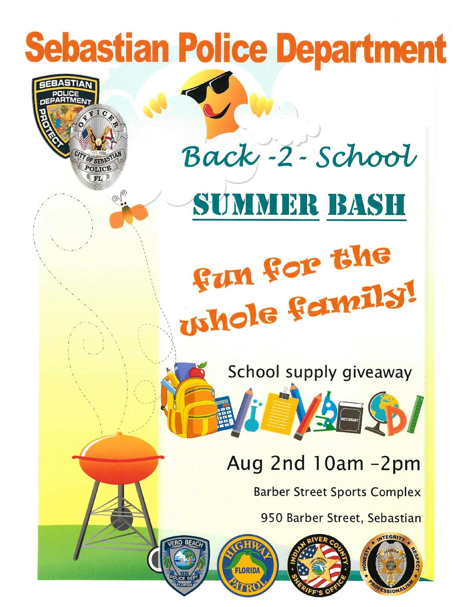 A colorful flyer for a Sebastian Police Department Back-2-School Summer Bash with a school supply giveaway.