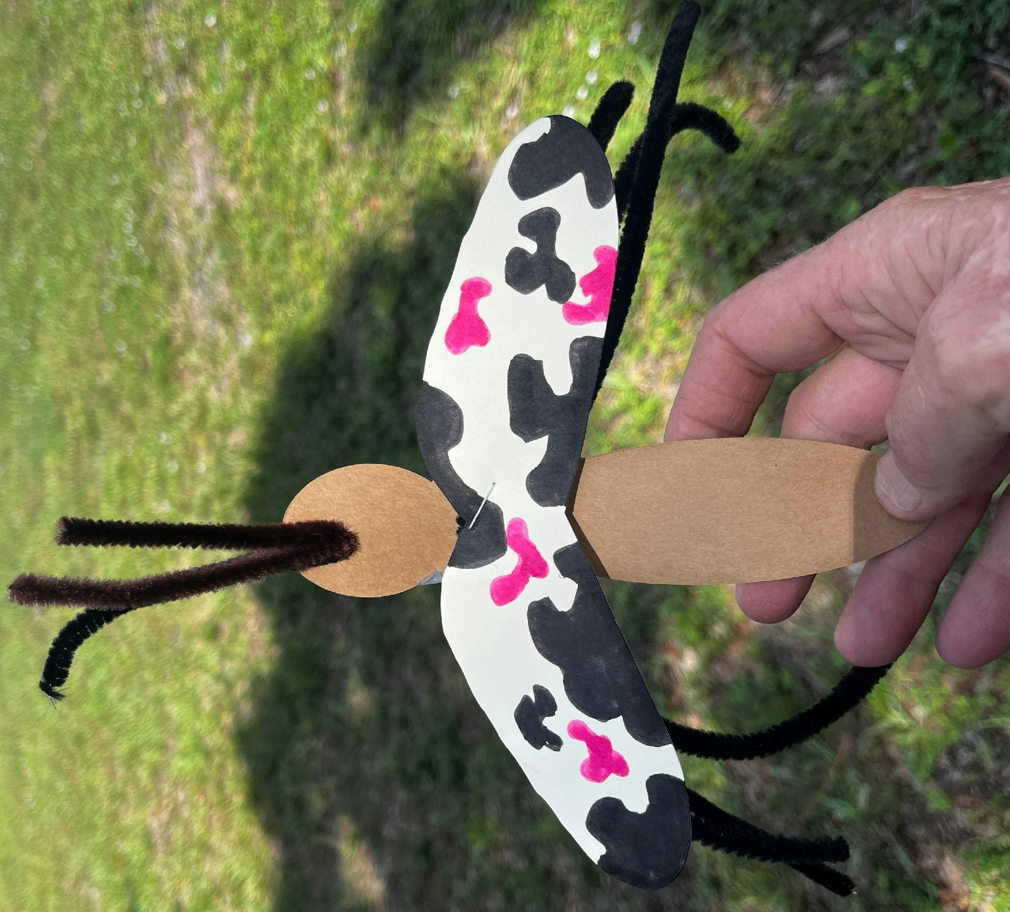 Hand holding a homemade paper butterfly craft with a grassy background.