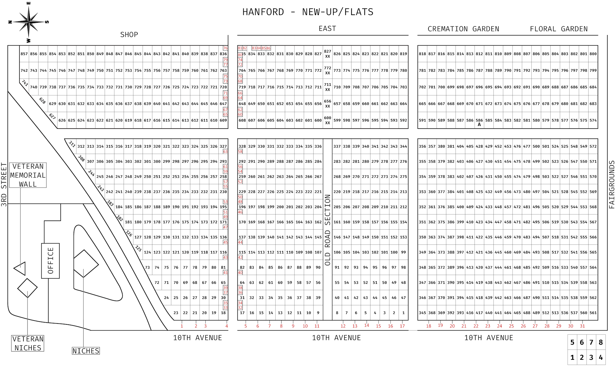 Map of a cemetery layout with numbered plots, labeled sections, and roads.