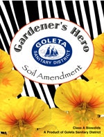 The image features a product called "Gardener's Hero" soil amendment, with a logo from Goleta Sanitary District and floral decorations.