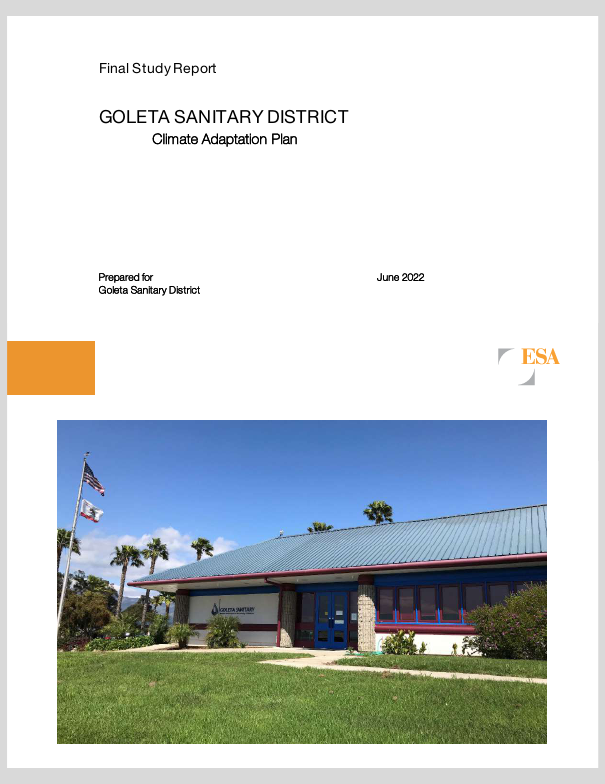 The image shows a report titled "Goleta Sanitary District Climate Adaptation Plan," prepared in June 2022, featuring a photo of the district’s building.