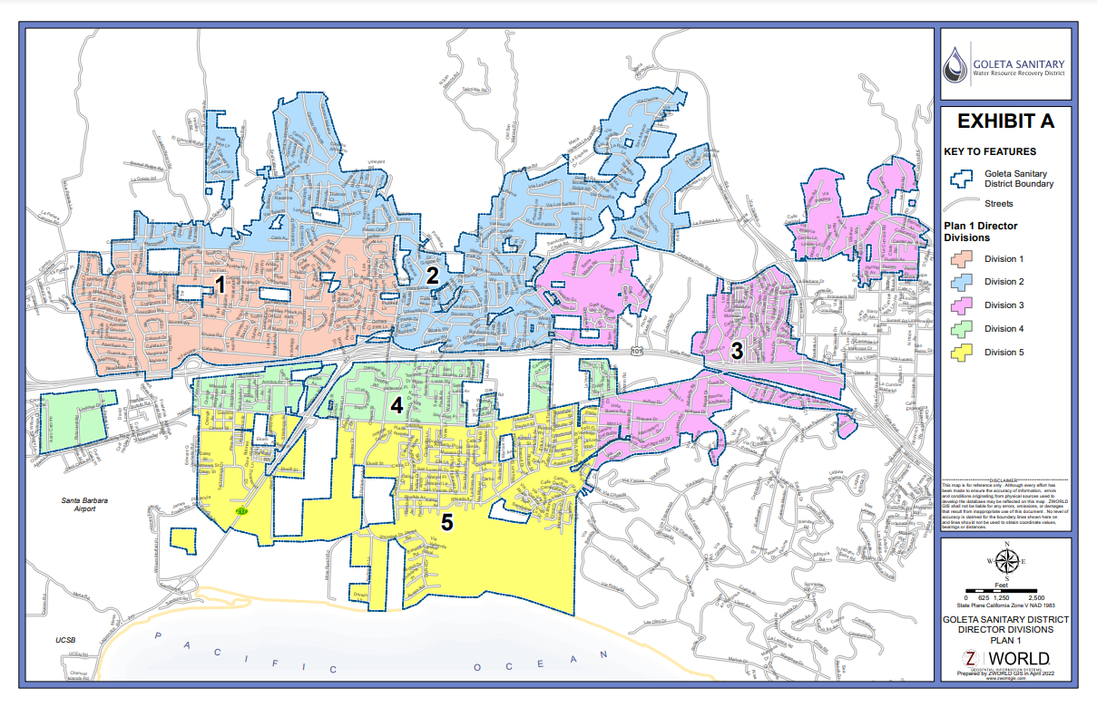 The image is a map showing the Goleta Sanitary District with divided regions labeled 1-5 and key features including boundaries and streets.