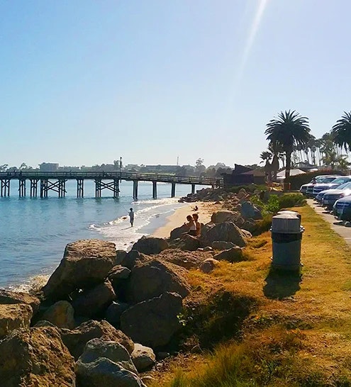 A sunny beach scene featuring a pier, palm trees, sandy shore, rocks, and parked cars along a waterfront.