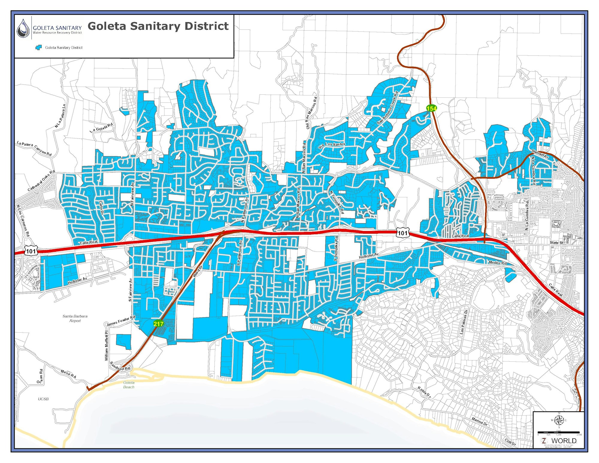 The image shows a map of the Goleta Sanitary District, highlighting areas serviced in blue. Major roads are marked.