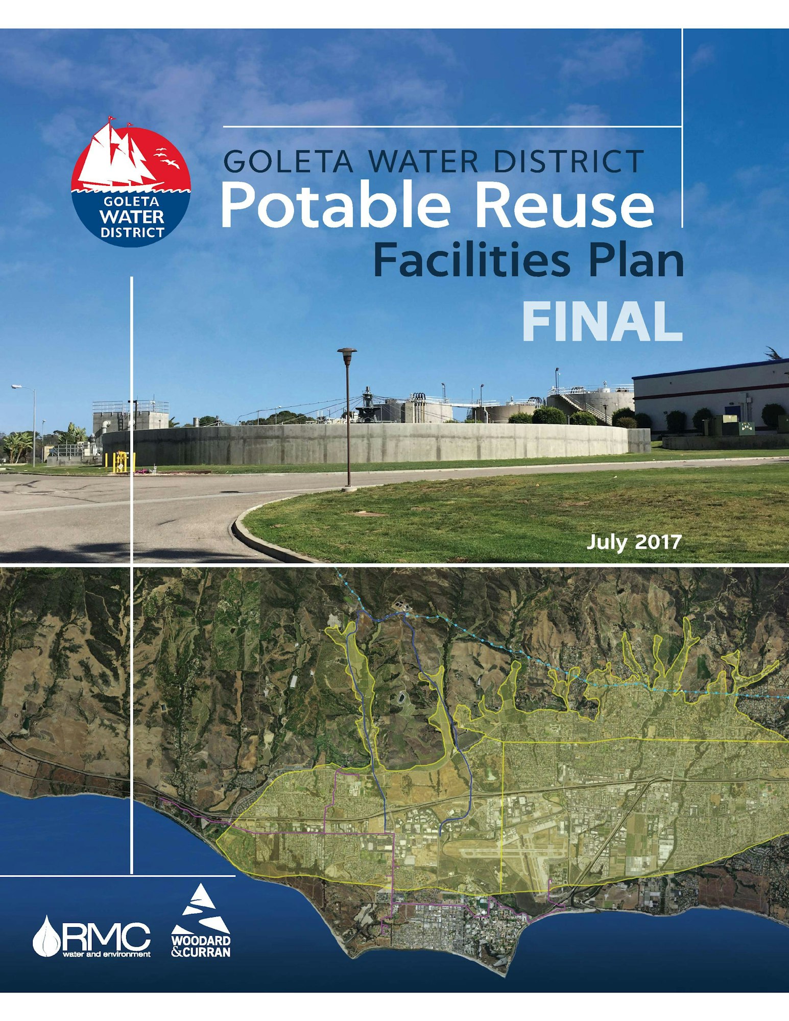 A cover page for the Goleta Water District's Potable Reuse Facilities Plan, dated July 2017, featuring a map and facility images.