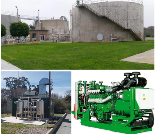 The image features a facility with large storage tanks, machinery, and an industrial generator, likely related to energy or waste management.