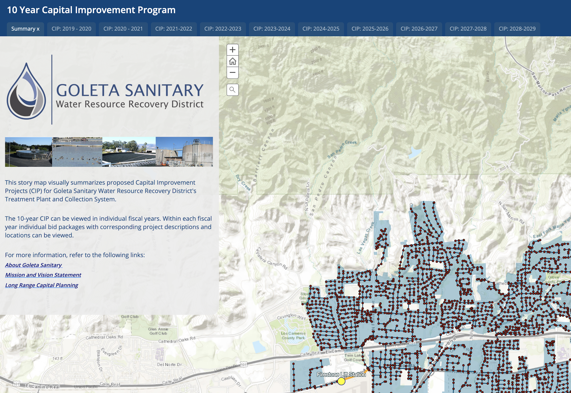 The image depicts a map summarizing capital improvement projects for the Goleta Sanitary Water Resource Recovery District.