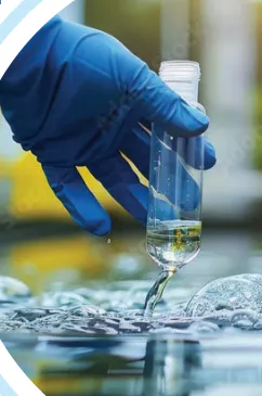 A gloved hand holds a test tube over a surface with bubbles, suggesting a scientific experiment or analysis in progress.