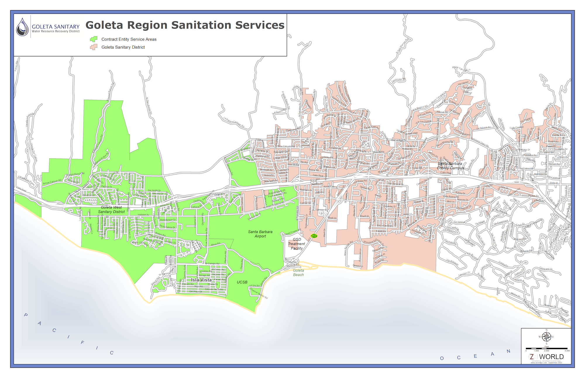 The image is a map of the Goleta Region, showing sanitation service areas and the Goleta Sanitary District.