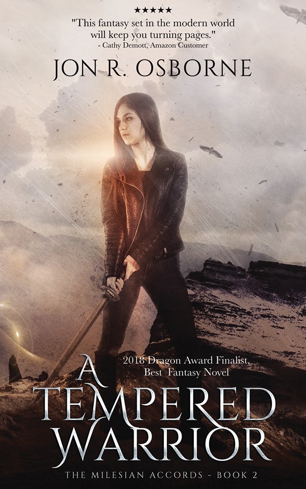 Book cover for "A Tempered Warrior" by Jon R. Osborne, featuring a female warrior and promoting its fantasy themes and accolades.