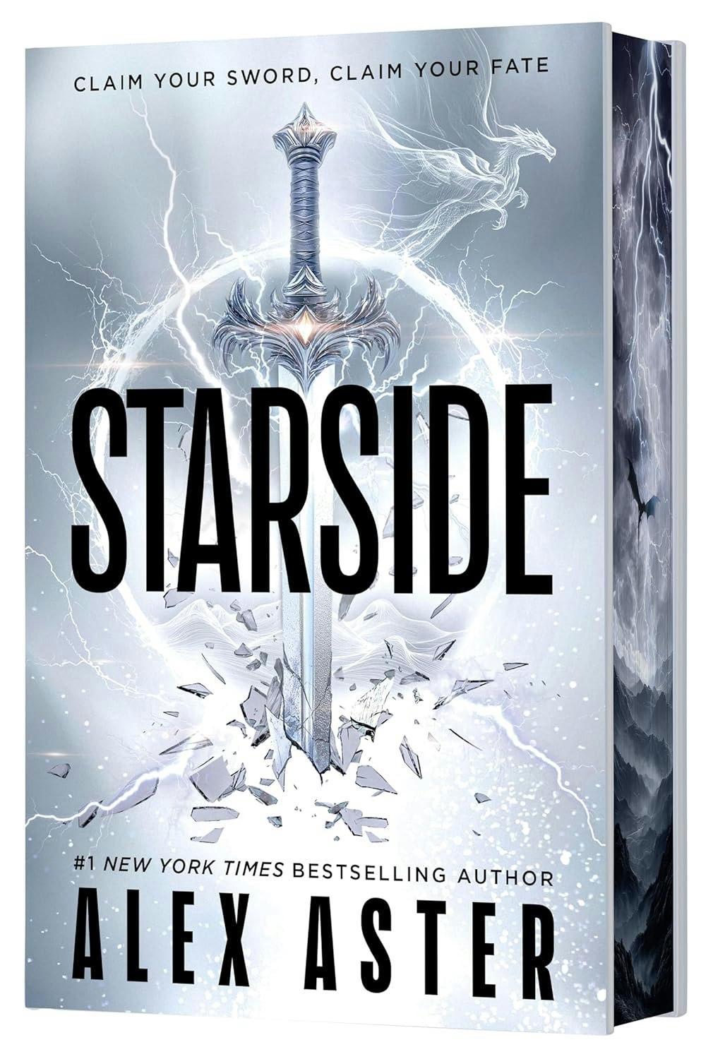 The image features the book "Starside" by Alex Aster, with a focus on a striking sword and a dramatic, celestial background.