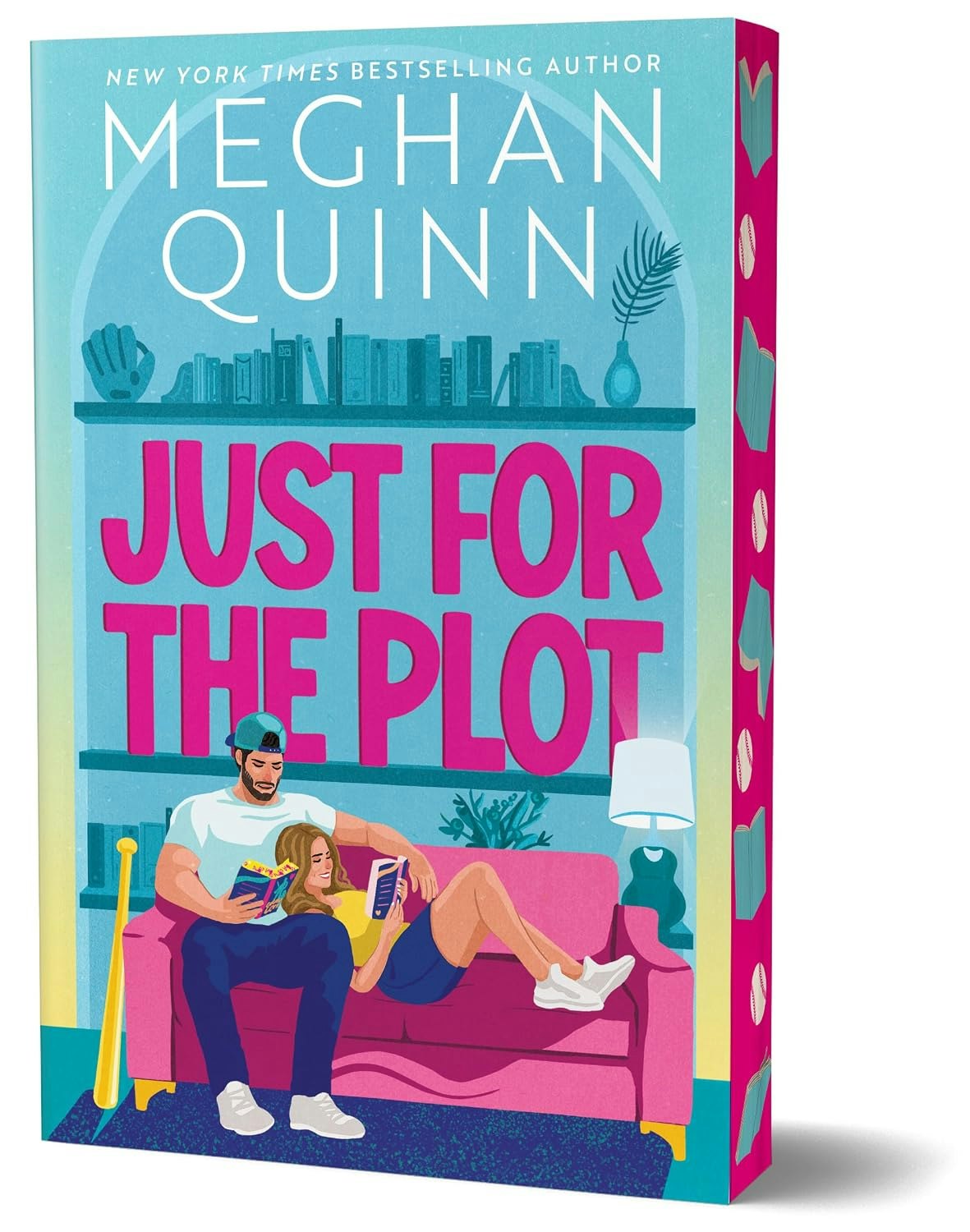 The image features the book "Just for the Plot" by Meghan Quinn, showing a couple reading on a pink couch with vibrant colors.