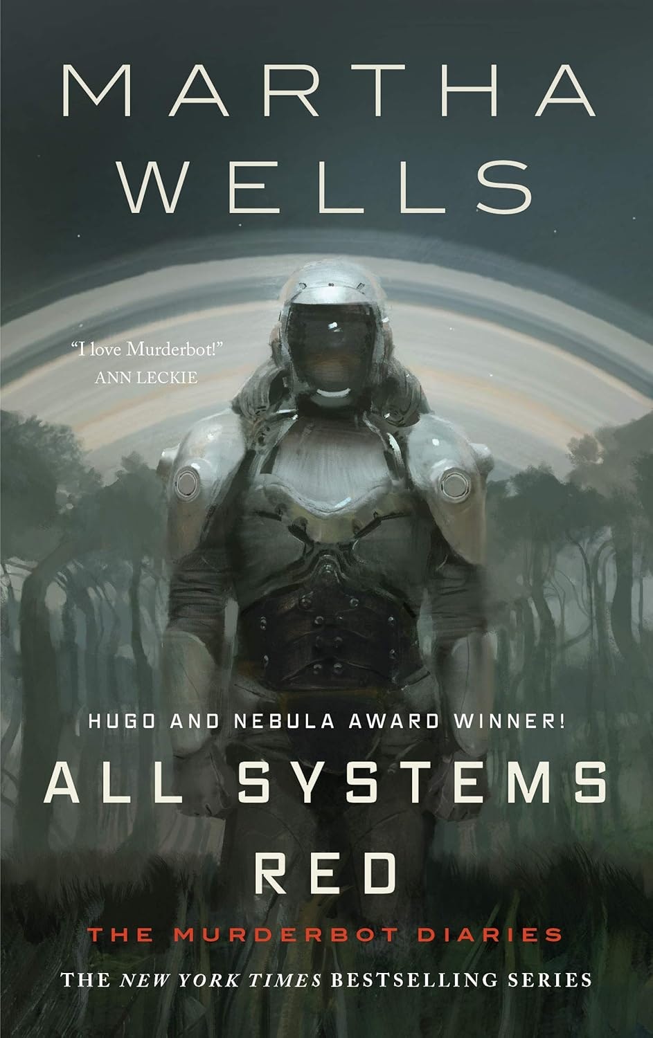 Book cover of "All Systems Red" by Martha Wells, featuring a robot in a forest setting.