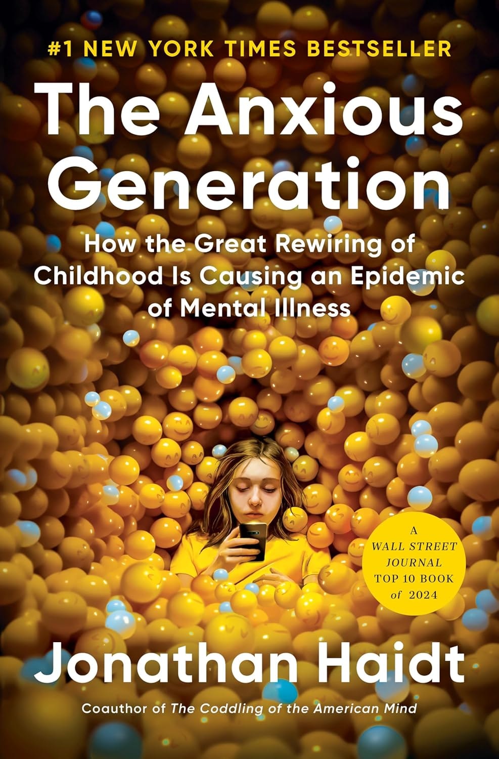 The image features the book "The Anxious Generation" by Jonathan Haidt, discussing the rise of mental illness in children.